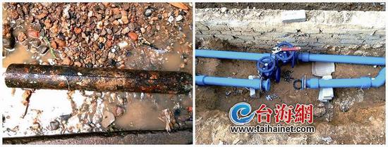 ▲平湖2期现在所使用的镀锌管(左)与如今管网建设所用的PE管对比图